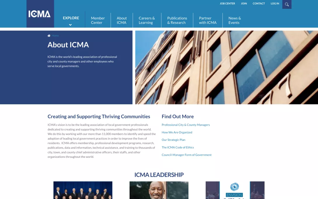Screenshot of the ICMA homepage