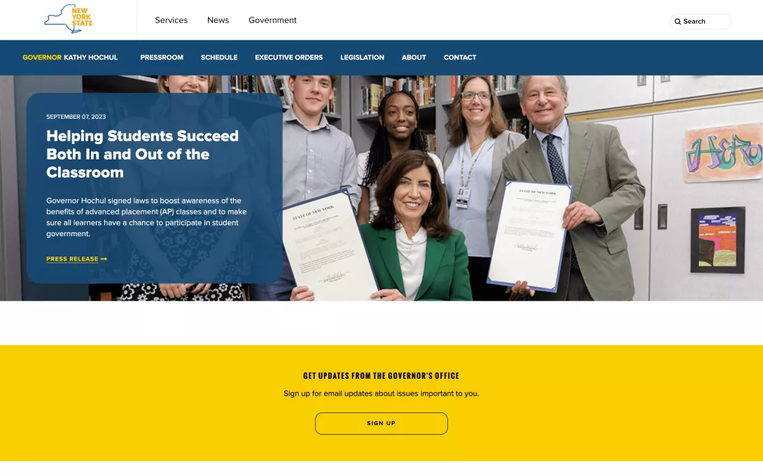 Screenshot of the New York Governor homepage