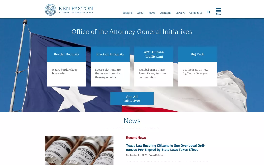 Screenshot of the Texas OAG homepage