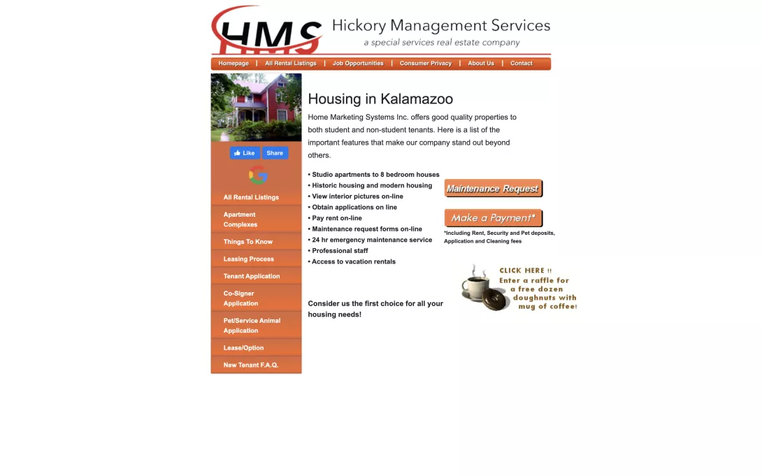 Screenshot of the Hickory Management Services homepage