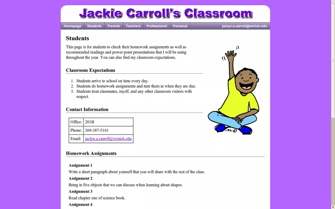 Screenshot of Jackie's Classroom homepage