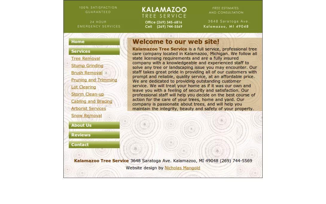 Screenshot of the Kalamazoo Tree Service homepage