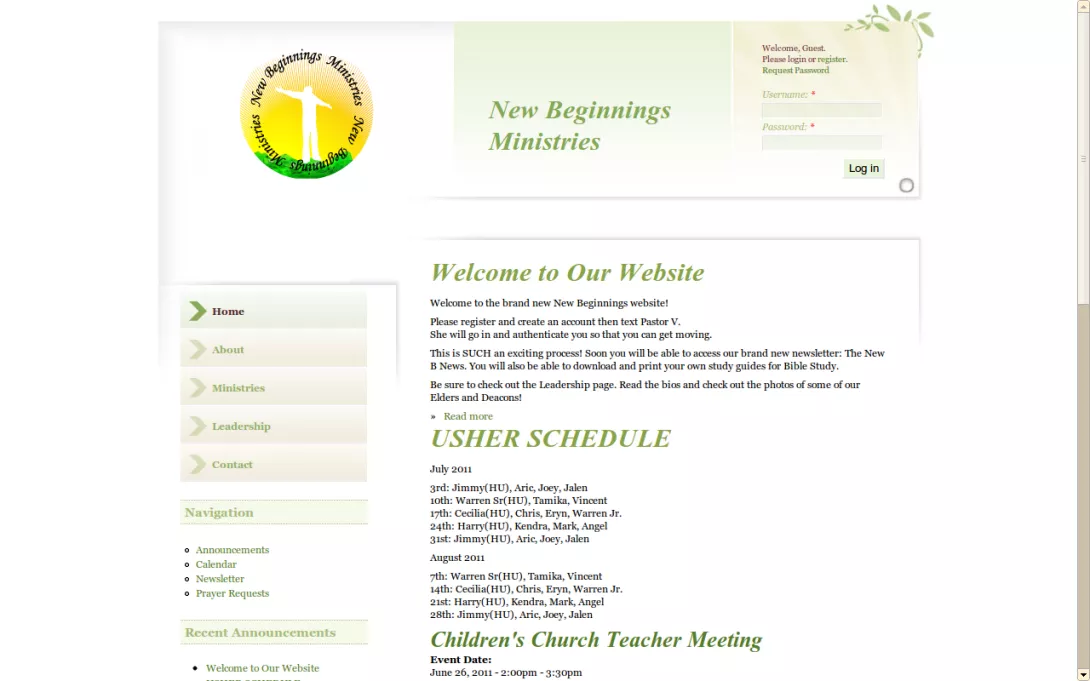 Screenshot of the New Beginnings Ministries homepage