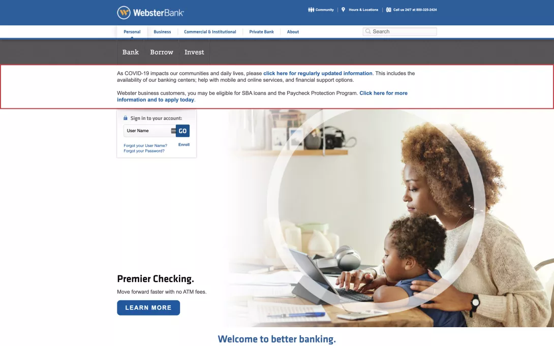 Screenshot of the Webster Bank homepage