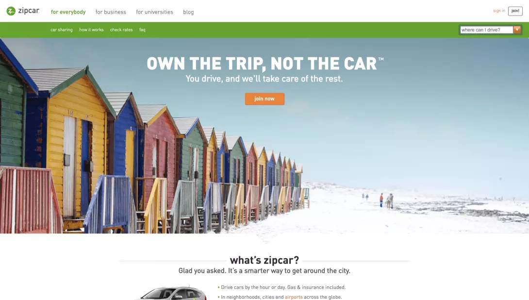 Screenshot of the Zipcar homepage